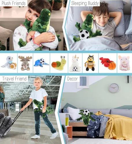 Vista 4 de DolliBu Gator - Animal de peluche con pelota de fútbol, cocodrilo suave y abrazable, adorable juguete de peluche de cocodrilo para jugar, lindo