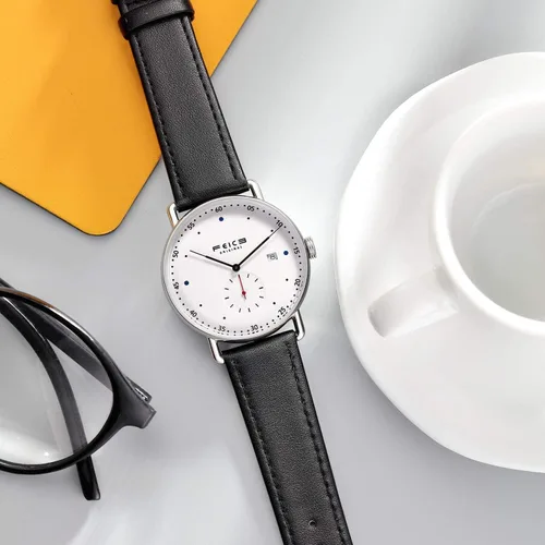 Vista 5 de FEICE Reloj automático unisex clásico Bauhaus reloj mecánico curvo espejo resistente al agua, con correas de cuero -FM506