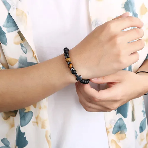 Vista 2 de JoycuFF Pulseras cristianas para hombres, pulsera de cruz de piedra natural para hombres, bautismo cristiano, regalos de Pascua para hombres