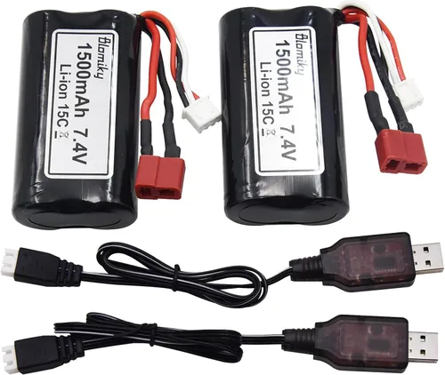 Vista 8 de Blomiky Paquete de 2 baterías recargables de iones de litio de 7.4V 1500mAh 15C con conector de enchufe T y cable USB para camión RC de alta