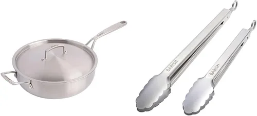 Vista 12 de Babish Sartén de acero inoxidable de tres capas de grado profesional con tapa, 5 cuartos de galón y cubiertos de acero alemán de alto carbono