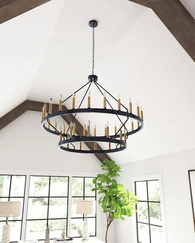 Vista 5 de yzzy Candelabro de 36 luces estilo vela de 2 niveles estilo vela colgante de 47 pulgadas, candelabros de hierro forjado para sala de estar, pasillo