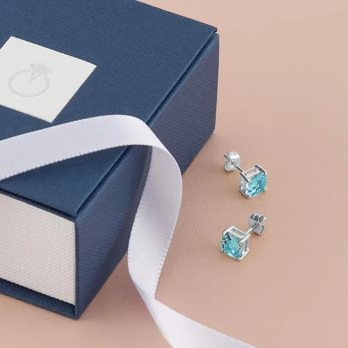 Vista 6 de Peora Aretes de tuerca de oro blanco macizo de 14 quilates para mujer, piedra natal de piedras preciosas auténticas, hipoalergénicos, corte de cojín