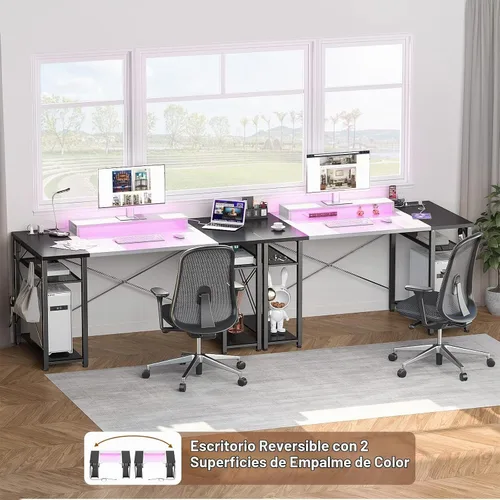 Vista 4 de Armocity Escritorio para computadora con luces LED, escritorio de 48 pulgadas con toma de corriente y USB, escritorio grande reversible con soporte