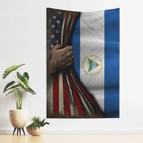 Vista 3 de Tapiz de mitad de bandera estadounidense y mitad de bandera de Nicaragua, 60 x 40 pulgadas, divertido tapiz estético, arte de pared para dormitorio
