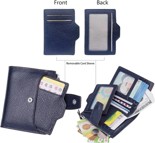 Vista 3 de AINIMOER - Cartera de piel con bloqueo RFID para mujer, tamaño pequeño, compacta, doble zíper, con ventana para identificación
