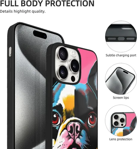 Vista 4 de Funda estampada de bulldog francés colorido para iPhone 15 Pro Max, vidrio suave a prueba de golpes, TPU para iPhone 15 Pro Max de 6.7 pulgadas,