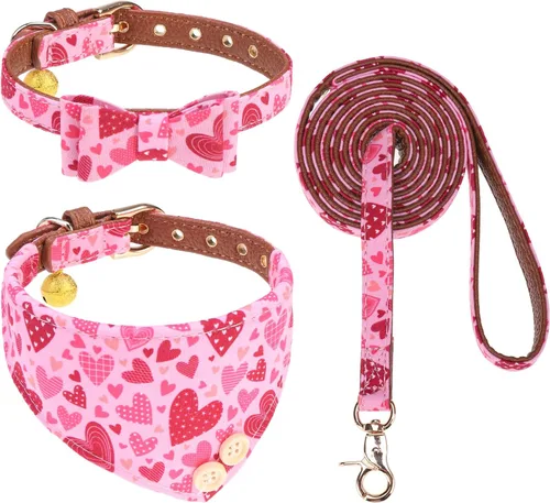 Vista 13 de KOOLTAIL Juego de collar y correa para perro pequeño con corbatín y campanas, lindo collar y correa para cachorros con patrón clásico a cuadros Beige