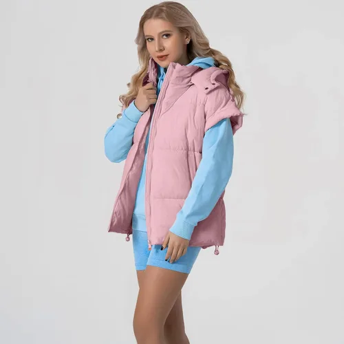 Vista 25 de Shiyifa Chaleco acolchado para mujer, chaqueta de gran tamaño, sin mangas, ligera, con cremallera, con capucha desmontable