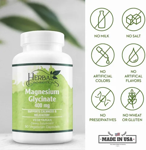 Vista 3 de Herbal Connections Glicinato de magnesio - Suplemento para apoyar el alivio del estrés, el sueño, la salud del corazón, los nervios, los músculos