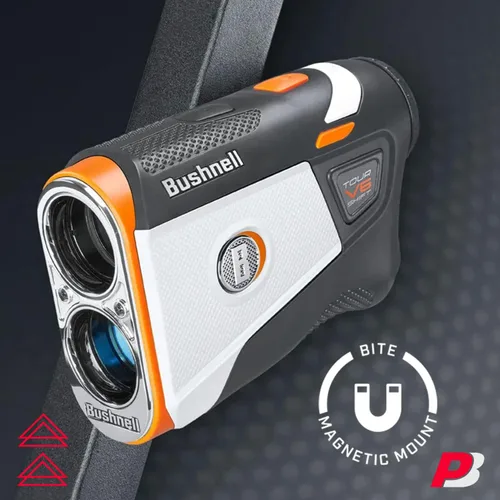 Vista 5 de Bushnell Tour V6 Golf Rangefinder Bundle – PinSeeker con Visual JOLT, BITE soporte magnético – Incluye toalla de microfibra PlayBetter y batería CR2