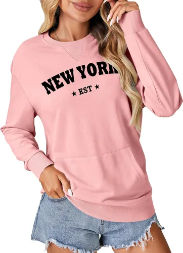 Vista 23 de OPOIPIN Suéter con bolsillo de manga larga y cuello redondo para mujer, estilo casual