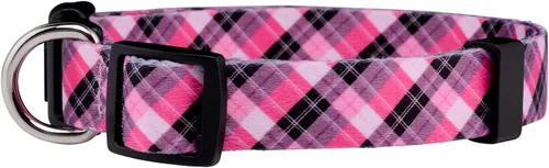 Vista 2 de Native Pup Collar de perro a cuadros, leñador rojo, tartán, azul, rosa, ajustable para perros grandes y pequeños (rosa, pequeño)