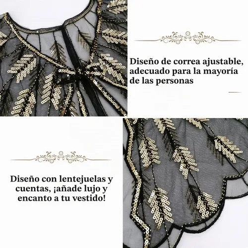 Vista 4 de Chales envolventes para mujer de los años 1920 con lentejuelas y cuentas, chales nupciales estilo flapper, capa de noche A #. Estilo 2-negro y dorado