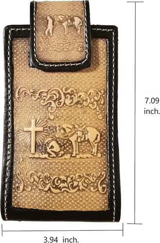 Vista 7 de Western autentic Tooled Leather Mexican Cell Phone Case for Belt. Men and Horse Pray Design. con cierre magnético. Tamaño universal (Capuccino)