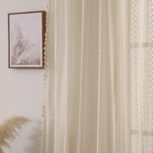 Vista 5 de WAZZIO Cortinas de Encaje, Cortina Boho de Crochet para Dormitorio, Cortinas de Café de Algodón, 45 Pulgadas de Largo, 2 Paneles con Bolsillo