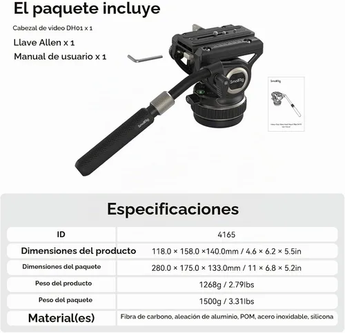 Vista 9 de SmallRig DH10 - Cabezal de video fluido para trípode de servicio pesado con base plana y mango ajustable, placa de liberación rápida para placa