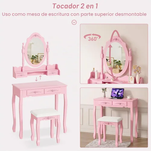 Vista 5 de Alohappy - Juego de mesa de maquillaje con espejo y taburete para niñas, mesa de maquillaje y taburete acolchado con 4 cajones, tocador de madera