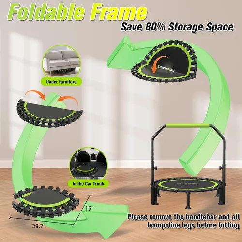 Vista 6 de ZCMHAXJ Mini trampolín plegable, trampolín de rebote de 40 pulgadas/48 pulgadas para adultos y niños, capacidad de 450 libras con barra ajustable