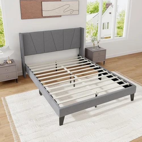 Vista 9 de KOMFOTT Base de cama tapizada tamaño Queen con cabecera con respaldo de ala, plataforma moderna con soporte de listones de madera, base de colchón