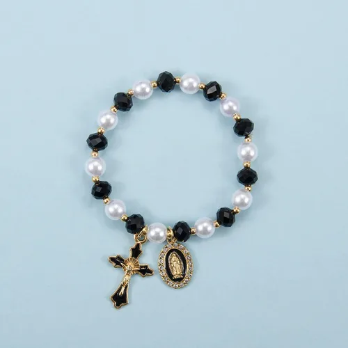 Vista 2 de Pulsera elástica de Virgen María con dije de cruz – Cristal de perlas multicolor con cuentas de joyería religiosa católica para mujer, regalo
