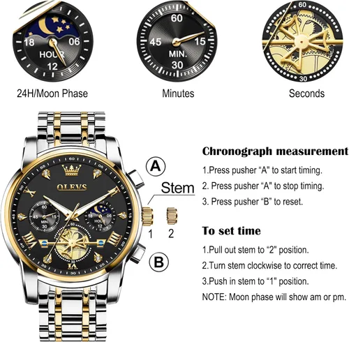 Vista 5 de OLEVS Relojes para hombre de acero inoxidable con cronógrafo, reloj de pulsera grande analógico de cuarzo, relojes de vestir impermeables de moda