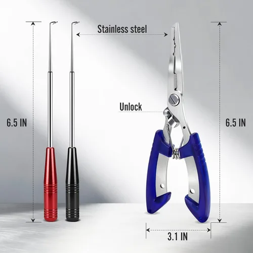 Vista 6 de Alicates de pesca y kit de herramientas de extracción de anzuelos – 2 removedores de ganchos de acero inoxidable con 1 alicates de anillo dividido