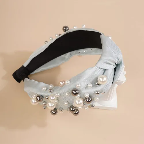 Vista 3 de Wiwpar Diademas anudadas de perlas para mujer, diadema ancha de perlas anchas para la cabeza, accesorios para el cabello bohemios (azul)
