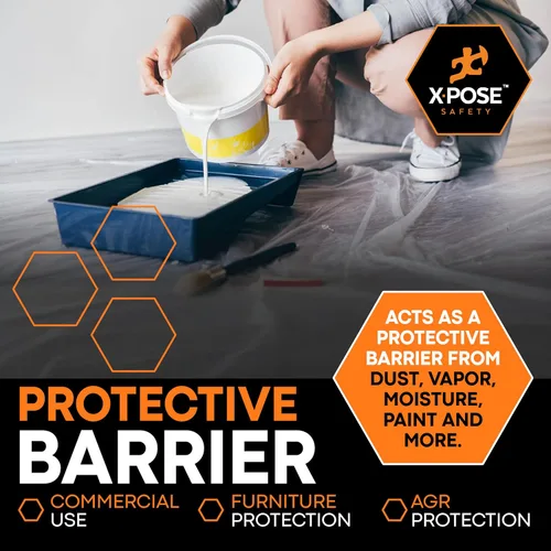 Vista 4 de Xpose Safety Láminas de plástico transparente – Rollo de 10 x 100 pies – Hoja de polietileno resistente de 3.4 mil – Impermeable, a prueba de polvo