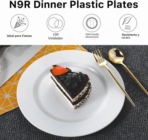 Vista 4 de N9R - 100 platos de plástico blanco desechables, platos de cena resistentes de 10.25 pulgadas