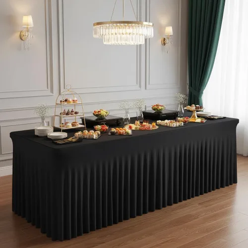 Vista 7 de Mantel rectangular de elastano negro, funda elástica ajustada para mesas rectangulares de 1,8 m, falda de mesa elástica sin arrugas para decoración