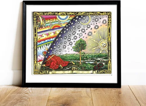 Vista 3 de Camille Flammarion 1889 - Cúpula de firmamento – Mapa plano de la Tierra por Camille Flammarion – Meteorología Cosmología Astronomía Estrellas Luna