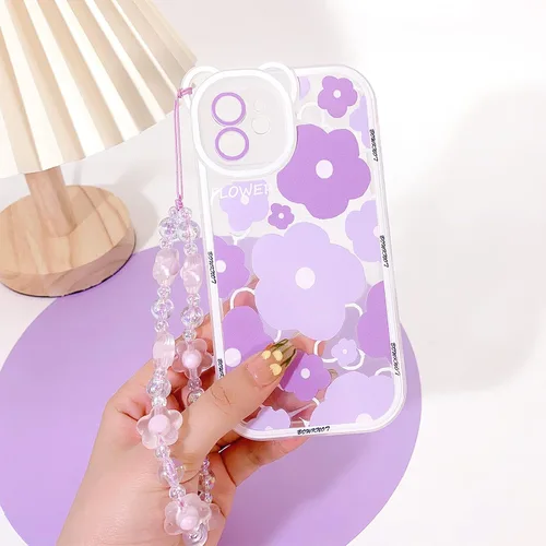 Vista 6 de NITITOP Funda compatible con iPhone 11, funda transparente con diseño de oso floral y cadena de pulsera de flores para mujeres y niñas, funda de TPU