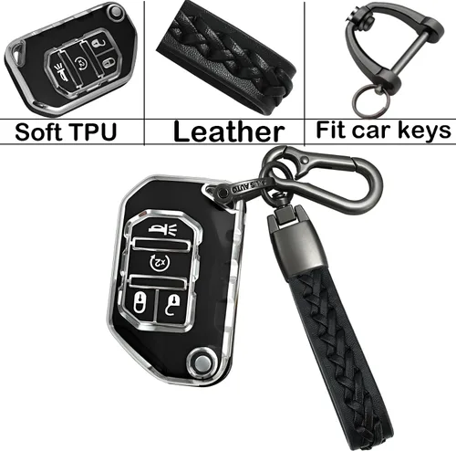 Vista 6 de Kirsnda Funda para llavero Jeep, funda con llavero, TPU suave que protege la carcasa de la llave del automóvil, compatible con Wrangler JL JLU Negro