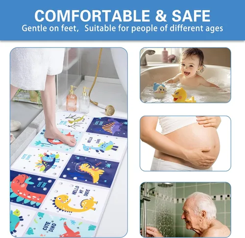 Vista 7 de Alfombra de baño para niños con diseño temático de océano, 40 x 16 pulgadas, antideslizante con 200 ventosas, patrón de animales marinos de dibujos