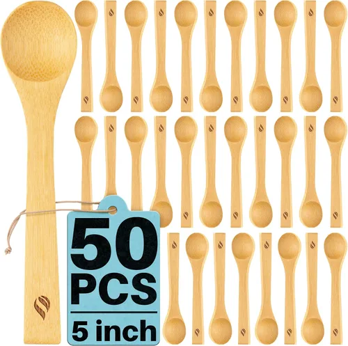 Vista 8 de Juego de cucharas de bambú (5 unidades), cucharaditas de cocina pequeñas, pequeñas cucharas de madera perfectas para azúcar, especias, condimentos