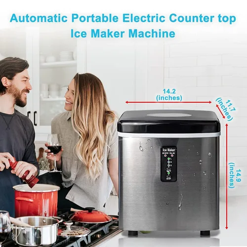 Vista 6 de Máquina de hacer hielo para encimera, máquina de hielo portátil con bala masticable para casa, oficina, bar, fiesta, 33 libras, acero inoxidable