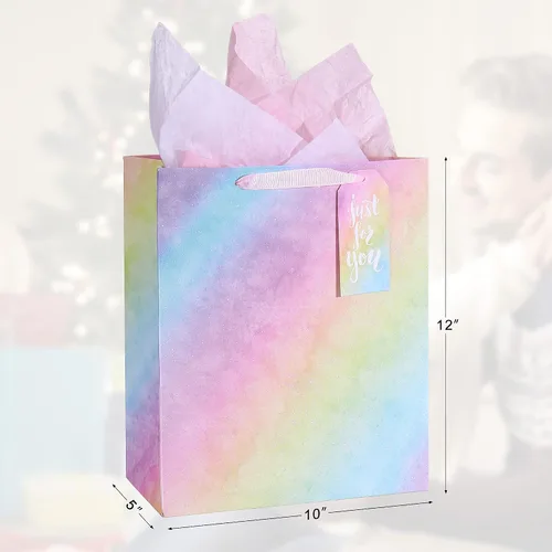 Vista 2 de Paquete de 4 bolsas de regalo con asas, bolsas de regalo de tamaño mediano degradado con purpurina con papel de seda, bolsa colorida de regalo
