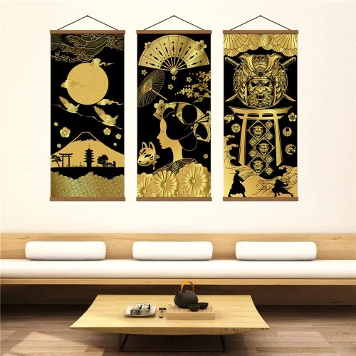 Vista 2 de Warrior's Dreams - Póster impreso en lienzo para pared, con casco blindado, espíritu samurái con pergamino de madera, listo para colgar, decoración