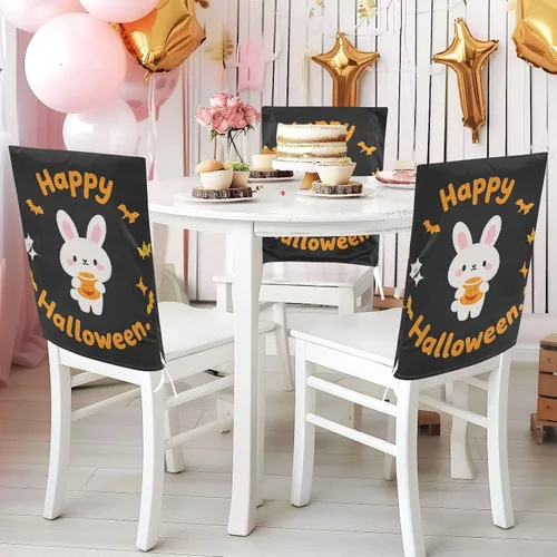 Vista 5 de Juego de 6 fundas decorativas para sillas de comedor con diseño de conejo de dibujos animados de Feliz Halloween, para reuniones familiares, fundas