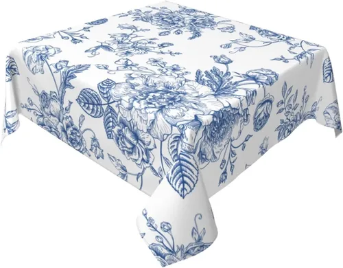 Vista 35 de BETGINY - Mantel cuadrado floral azul de 54 x 54 pulgadas, mantel decorativo de estilo chinoiserie con flores, tela rústica lavable para granja