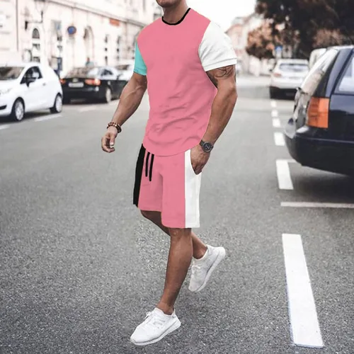 Vista 3 de Mens Summer Outfits 2 Piece Relaxed-Fit Lightweight Short Sleeve Shirts and Drawstring Shorts Breathable Sport Set
