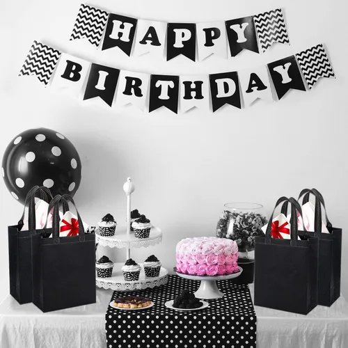 Vista 5 de Woanger Paquete de 48 bolsas de regalo con purpurina con asa, reutilizables, no tejidas, con purpurina para bodas, cumpleaños, despedidas de Negro