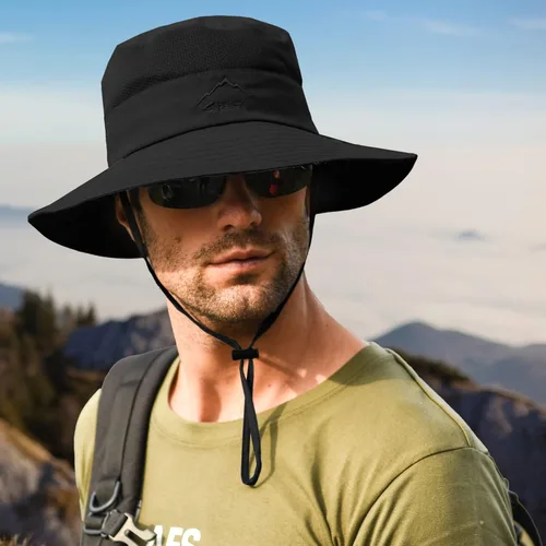 Vista 6 de Sombrero de pesca para hombre, sombrero de protección solar con malla extraíble, cubierta de solapa para el cuello, correa resistente al viento