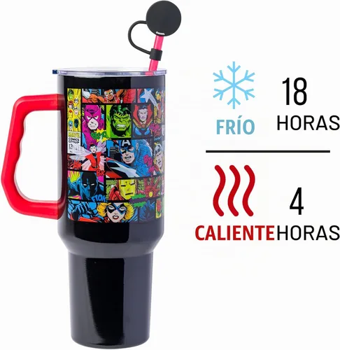 Vista 3 de Silver Buffalo Marvel Avengers - Vaso de acero inoxidable con pajilla, tapa de cubierta, tapa y asa con Iron Man, Capitán América, Blue Beetle