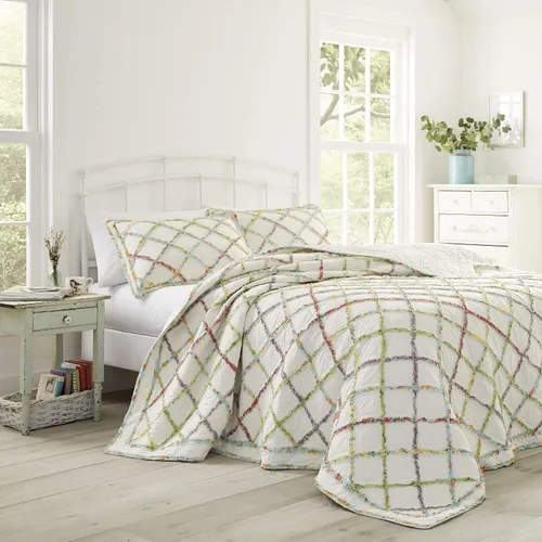 Vista 2 de Laura Ashley – Ruffled Garden colcha de algodón, Poliéster, Crema, gemelo