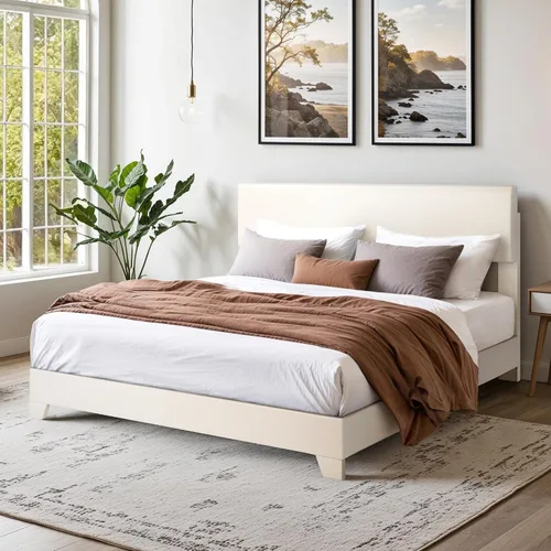 Vista 3 de SHA CERLIN Base de cama tamaño completo con cabecera ajustable, plataforma tapizada de piel sintética con listones de madera, base de colchón Blanco