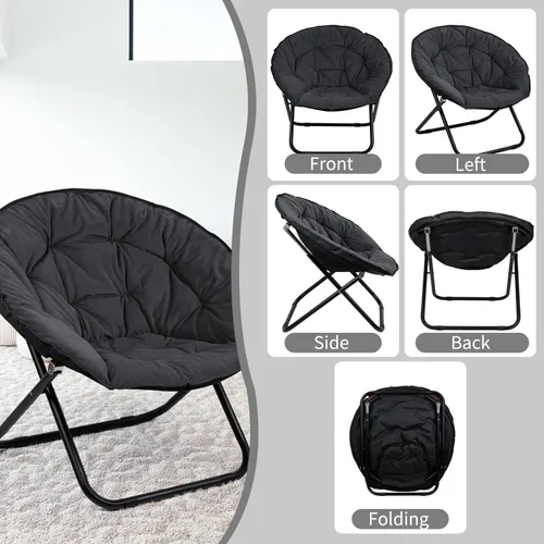Vista 4 de Grezone Silla plegable de piel sintética, silla plegable portátil de luna suave para dormitorio, dormitorios, apartamentos, descanso, jardín y Negro
