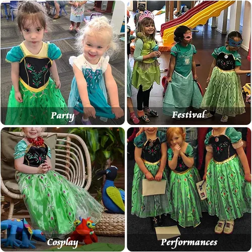 Vista 4 de URAQT Elsa - Disfraz de princesa para niñas - Vestido de fiesta de nieve para cosplay vestido de Anna con corona de varita tiara