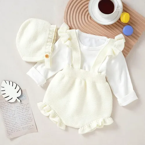 Vista 2 de LAWKUL Ropa de bebé niña de punto, pantalones cortos con volantes, manga voladora con sombrero, para recién nacido, overol para bebé recién nacido